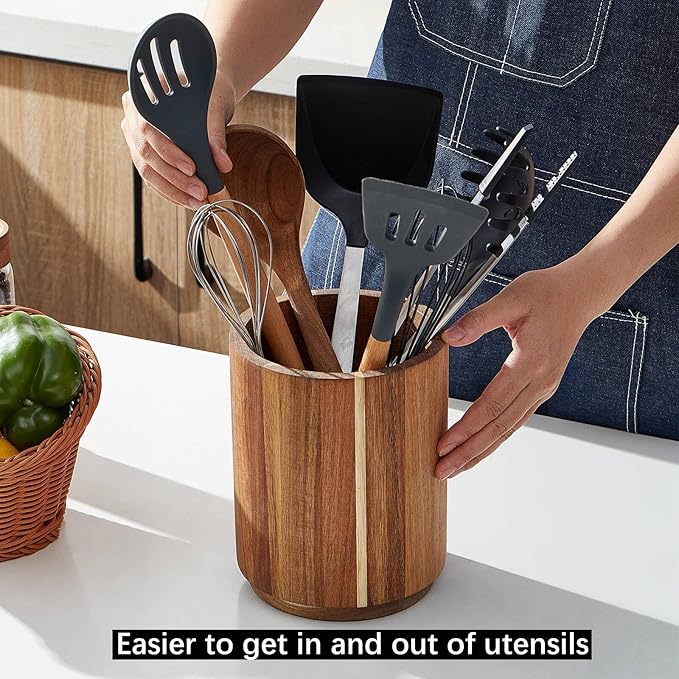 Acacia Wood Utensil Holder for Kitchen Counter, 360° Rotating 7.2" Wooden Cooking Utensil Crock for Countertop, Farmhouse Kitchen Decor - Image 5