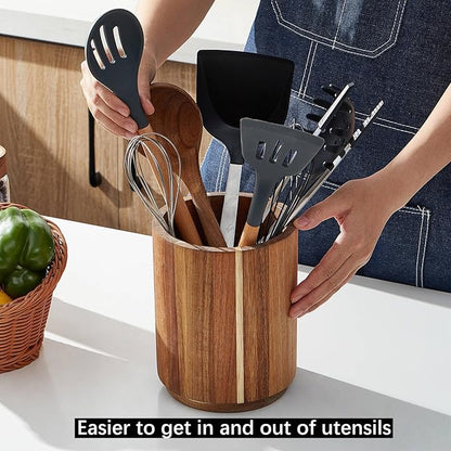Acacia Wood Utensil Holder for Kitchen Counter, 360° Rotating 7.2" Wooden Cooking Utensil Crock for Countertop, Farmhouse Kitchen Decor - Image 5