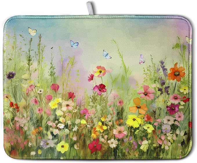 Spring Floral Dish Drying Mat for Kitchen Counter 18x24 Inch Sage Green Wild Flowers Drying Mats Spring Summer Plant Microfiber Absorbent Large Dish Rack Pad for Coffee Bar Sinks Home Accessories by Kwlegh