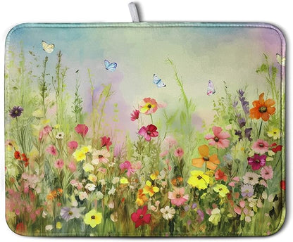 Spring Floral Dish Drying Mat for Kitchen Counter 18x24 Inch Sage Green Wild Flowers Drying Mats Spring Summer Plant Microfiber Absorbent Large Dish Rack Pad for Coffee Bar Sinks Home Accessories by Kwlegh