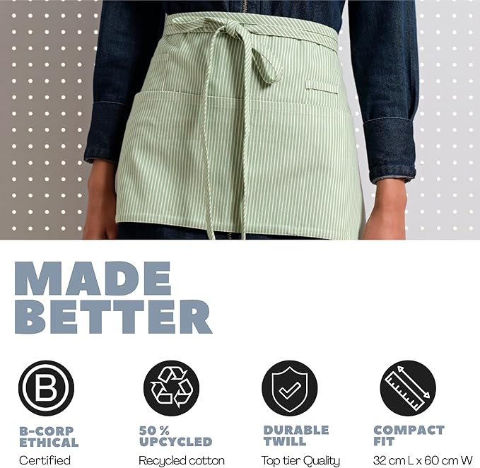 MEEMA Chef Waist Apron Cotton Fabric |Washable & Breathable Waitress & Server Half Aprons for Women with Pockets & Long Waist Straps | Cooking, Baking, Grilling & Crafting