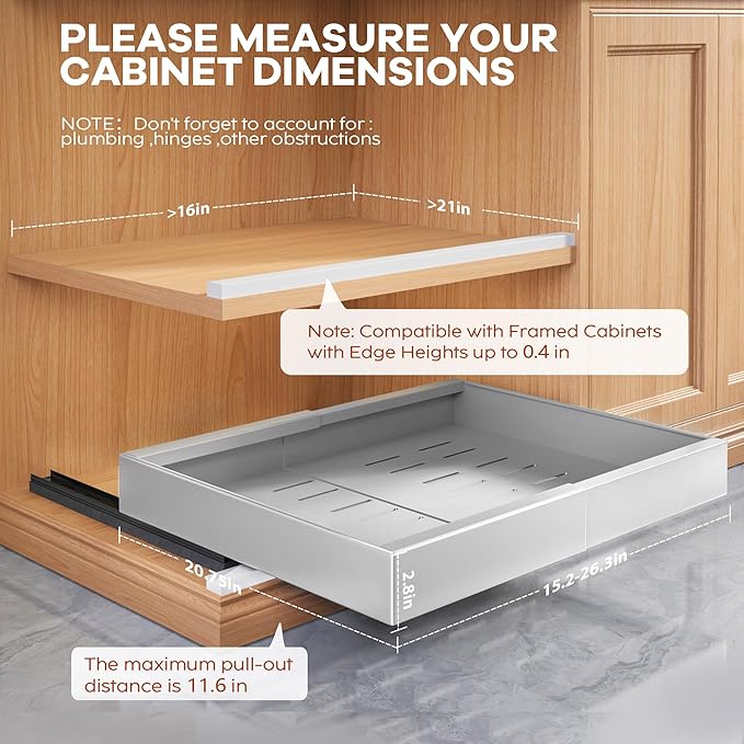 Seinloes 2 Pack Expandable Width (15.15"-26.3") Pull Out Cabinet Organizer 21" Deep with Raising Pad for Framed Cabinets, Upgrade 3 Slide Rails Slide Out Drawers, Roll Out Shelves Adhesive, Silver - Image 2