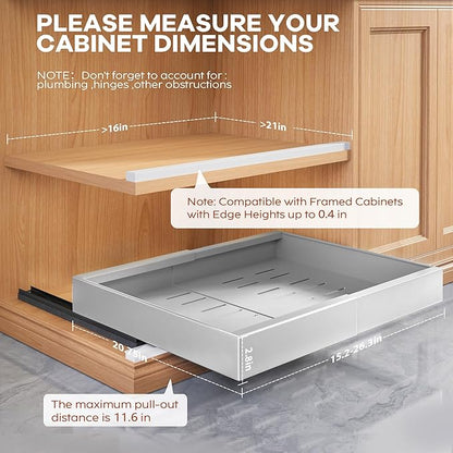 Seinloes 2 Pack Expandable Width (15.15"-26.3") Pull Out Cabinet Organizer 21" Deep with Raising Pad for Framed Cabinets, Upgrade 3 Slide Rails Slide Out Drawers, Roll Out Shelves Adhesive, Silver - Image 2