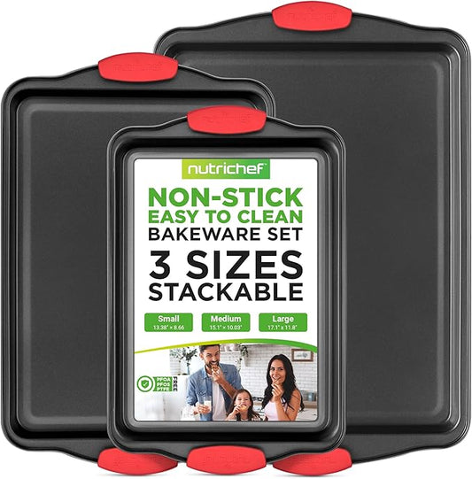 NutriChef 3-Piece Nonstick Kitchen Oven Baking Pans - Premium & Stylish Non-Stick Steel, Commercial Grade Restaurant Quality Metal Bakeware with Red Silicone Handles - Easy to Clean, NCSBS3S by NutriChef%E2%84%A2Kitchen