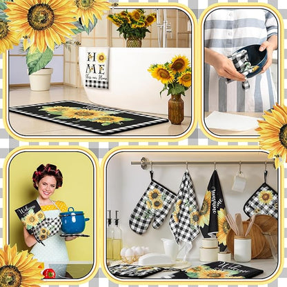 Fourluoo 10 Pcs Sunflower Kitchen Decor 4 White and Black Buffalo Plaid Kitchen Towels 2 Buffalo Check Pot Holders 2 Rustic Sunflower Oven Mitts 2 Yellow Rugs for Cooking Baking Mom Housewarming Gift - Image 4