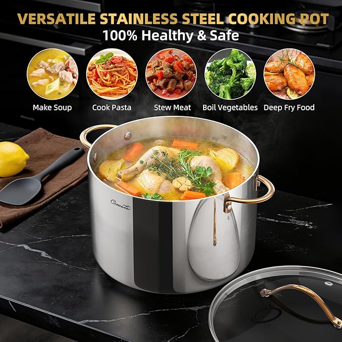 Ciwete 12 Quart Stock Pot with Lid, Upgraded Tri-Ply Stainless Steel Pot, Seamless Large Cooking Pot with Stay-Cool Brass Handle, Healthy Polished Stockpots, Induction Cookware, Oven & Dishwasher Safe - Image 5