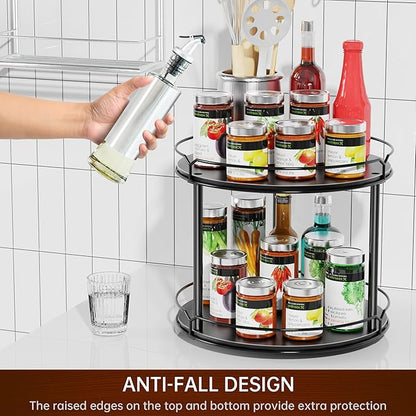 Lazy Susan Organizer 2 Tier - 12.4" Turntable Spice Rack for Table Top, Wooden Rotating Lazy Susan for Cabinet Pantry Kitchen Countertop Dining Table Cupboard Bathroom Vanity Storage(Black)