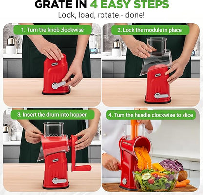 NutriChef 5 in 1 Cheese Grater & Shredder | 5 Different Blades for Thin, Thick, Julienne Strips, Wavy, & Straight Strips | Includes Hand Crank, Strong Suction Base & Storage Container | Red - Image 2