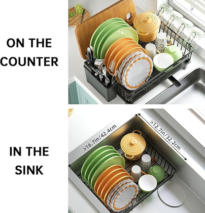 Dish Drying Rack, Dish Racks for Kitchen Counter, Detachable Dish Drainer with Drainboard, Utensil Holder, Cup Holder, Space Saving Kitchen Drying Rack for Small Home and Appartment, Black - Image 8