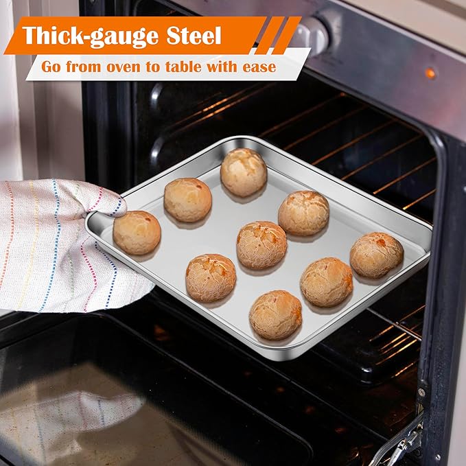 E-far Small Baking Sheet Set of 2, 10.5”x8.3” Stainless Steel Cookie Sheets Pans, Compact Non-toxic Metal Toaster Oven Trays for Cake, Healthy & Rust Free, Mirror Finish & Dishwasher Safe - Image 4