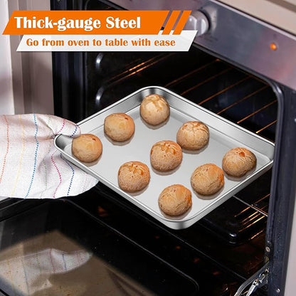 E-far Small Baking Sheet Set of 4, 10.5”x8.3” Stainless Steel Cookie Sheets Pans, Compact Non-toxic Metal Toaster Oven Trays for Cake, Healthy & Rust Free, Mirror Finish & Dishwasher Safe - Image 3