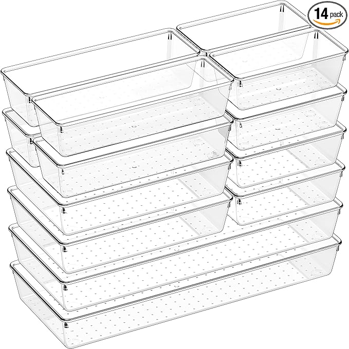 Criusia 14 PCS Clear Plastic Drawer Organizer Set - 5 Large Size Versatile Kitchen and Bathroom Organizer Trays, Non-Slip Storage Bins for Makeup, Utensils, Tool and Office Desk by Criusia