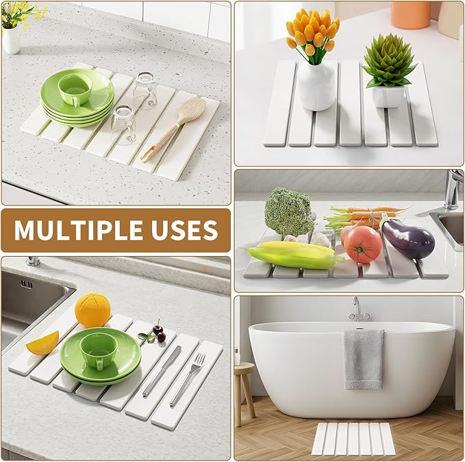 Stone Dish Drying Mat for Kitchen Counter,15.5''x11.8'' Foldable Quick Dry Stone Kitchen Mat,Eco-Friendly,Absorbent Diatomaceous Earth Mats for Dishes Bottles Cups Bathroom Any Countertop-White - Image 7