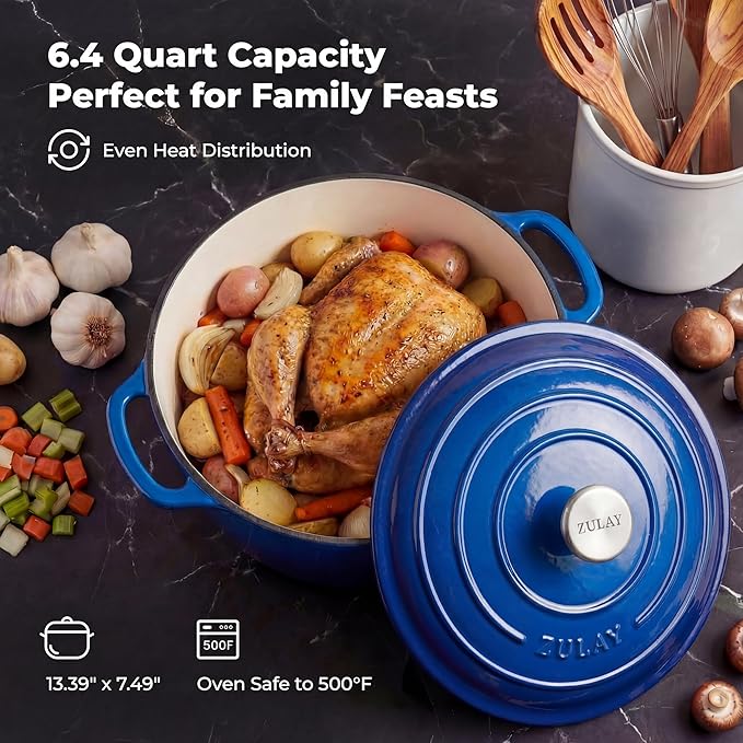 Zulay Kitchen 6 Quart Enameled Cast Iron Dutch Oven Pot with Lid – Premium Durability & Oven Safe up to 500°F – Heavy Duty Cookware Perfect for Bread Baking, Stews, Braising & Roasting - Blue - Image 6