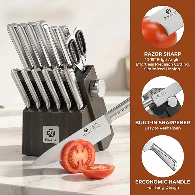 imarku Japanese High Carbon Stainless Steel Knife Set with Block, Precision-Forged Gyutou Kitchen Knives with Built-in Sharpener, Ultra-Sharp 10–15° Edge, Ergonomic Non-Slip Handle, Dishwasher Safe - Image 4
