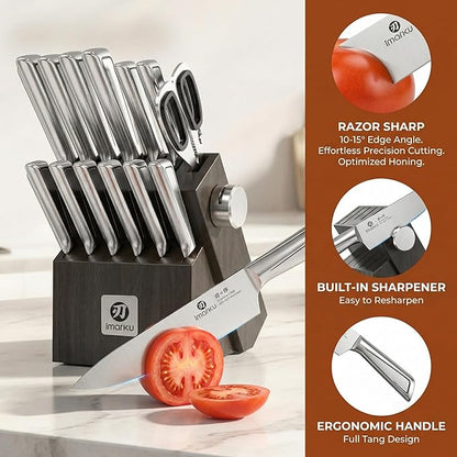 imarku Japanese High Carbon Stainless Steel Knife Set with Block, Precision-Forged Gyutou Kitchen Knives with Built-in Sharpener, Ultra-Sharp 10–15° Edge, Ergonomic Non-Slip Handle, Dishwasher Safe - Image 4