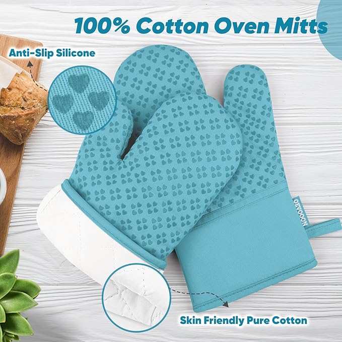 Oven Mitts and Pot Holders 4 Sets, Heat Resistant 500 ℉ Oven Mitt and Pot Holder,Oven Glove&Potholders with Non-Slip Silicone Surface,Kitchen Essentials for Cooking/Baking/BBQ-Lake Blue - Image 3