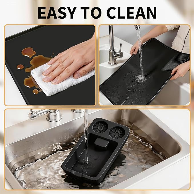 Silicone Coffee Mat and Espresso Tamping Mat, Detachable Espresso Coffee Bar Accessories, Coffee Bar Mat Suitable for Use Under coffee Maker, Dish Drying Mat for Kitchen Countertop Protector Mat,Black