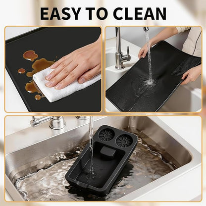 Silicone Coffee Mat and Espresso Tamping Mat, Detachable Espresso Coffee Bar Accessories, Coffee Bar Mat Suitable for Use Under coffee Maker, Dish Drying Mat for Kitchen Countertop Protector Mat,Black