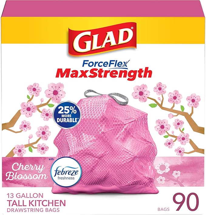 Glad Tall Kitchen Trash Bags 13 Gallon, MaxStrength Cherry Blossom Garbage Bags, Drawstring, 90 Count by GladTrashFoodStorage