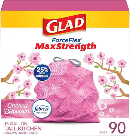 Glad Tall Kitchen Trash Bags 13 Gallon, MaxStrength Cherry Blossom Garbage Bags, Drawstring, 90 Count by GladTrashFoodStorage