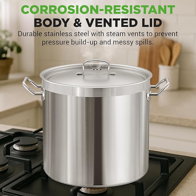NutriChef Stainless Steel Stock Pot with Lid 40 Qt | Non-Reactive 8/8 Interior Induction Pot with Even Heat Base | Compatible with Gas, Ceramic, and Halogen Cooktops | 500°F Max, 20.45 x 15.3 Inches