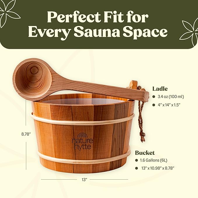 Red Cedar Sauna Bucket and Ladle Set 6L (1.6 Gallon) - Natural Rope Handle - Premium Red Cedar Wood - Natural Aroma - Elegant Gift-Ready Packaging