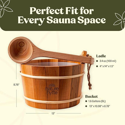 Red Cedar Sauna Bucket and Ladle Set 6L (1.6 Gallon) - Natural Rope Handle - Premium Red Cedar Wood - Natural Aroma - Elegant Gift-Ready Packaging