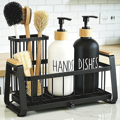 Kitchen Dish Soap Farmhouse Dispenser Set with Sink Caddy, 16OZ Glass Bottle, Hand and Dish Soap Dispenser Set, Non-Slip Silicone Pad, Brush Holder