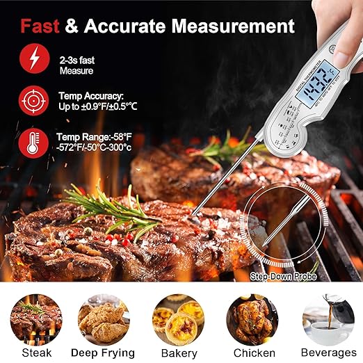 Meat Thermometer Digital - Fast Instant Read Food Thermometer for Cooking, Candy, Outside Grill, and Roast, Digital Food Thermometer with Backlight LCD & Calibration - Grey/Silver - Image 2