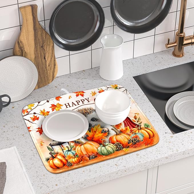 Happy Fall Dish Drying Mat - Cute Hedgehog Absorbent Drying Pad for Kitchen Counter - Image 6