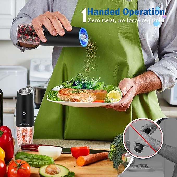 Gravity Electric Salt and Pepper Grinder Set, Battery Powered LED Light One Hand Automatic Operation, Adjustable Coarseness Mill Grinders Shakers Black (E. USB rechargeable -2P)