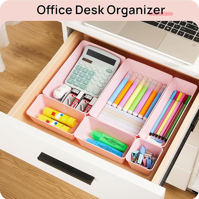 Vtopmart 44 PCS Plastic Drawer Organizers Set, 4-Size Versatile Bathroom and Vanity Organizer Trays, Non-Slip Storage Containers for Makeup, Jewelries, Bedroom，Kitchen Utensils and Office, Pink - Image 6