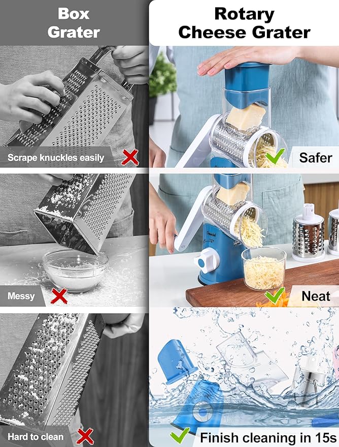 Cheese Grater Rotary, Rotary Grater for Kitchen, Kitchen Grater Vegetable Slicer with 3 Drum Blades, Fast Cutting Cheese Shredder for Vegetables and Nuts - Image 5