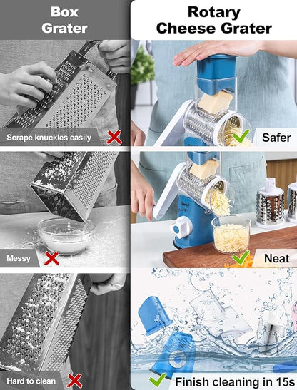 Cheese Grater Rotary, Rotary Grater for Kitchen, Kitchen Grater Vegetable Slicer with 3 Drum Blades, Fast Cutting Cheese Shredder for Vegetables and Nuts - Image 5