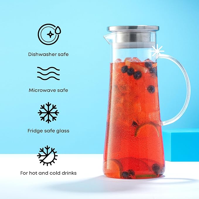 JoyJolt Glass Pitcher with Lid - 50oz Borosilicate Water Carafe, Jug with Stainless Steel Lid for Iced Tea, Lemonade, Juice, Mixed Drinks - Image 2