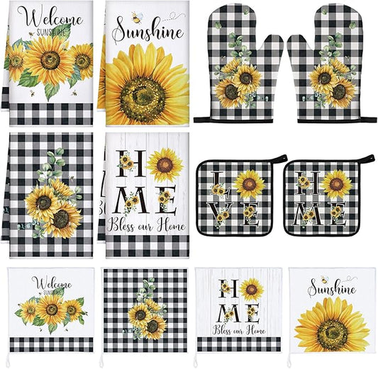 Bencailor 12 Pcs Farmhouse Sunflower Kitchen Decor and Accessories Sets 4 Black and White Check Kitchen Towels 4 Absorbent Dishcloths 2 Pot Holders 2 Oven Mitts Gloves for Home Decor Mom Gifts