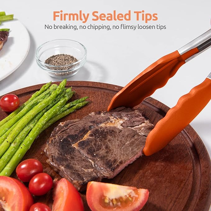 600ºF Heat Resistant Kitchen Tongs: U-Taste 9+12 inch Silicone Cooking Tong Set with Firm Sealed Non Stick Rubber Tips and Silicon Coated 18/8 Stainless Steel Handle for Serving Grilling Salad(Orange) - Image 9