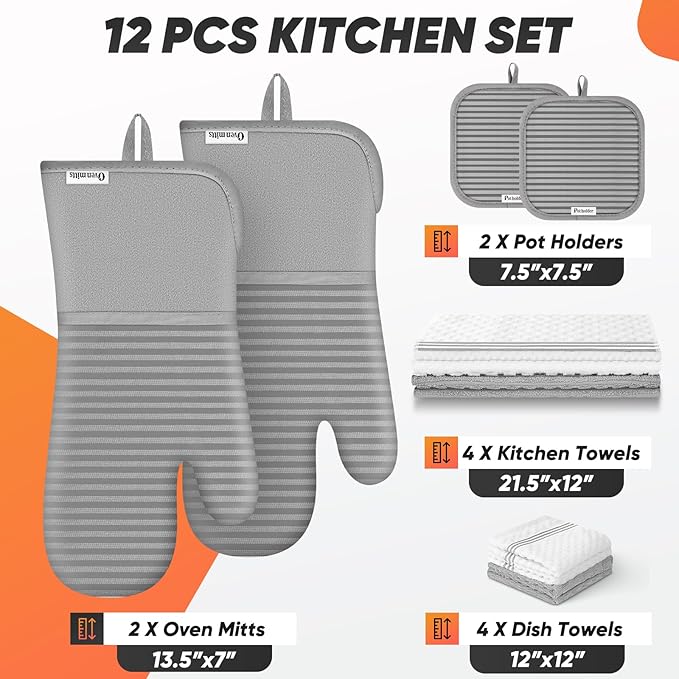 Oven Mitts Kitchen Towels and Dishcloths with Pot Holders Sets, Oven Gloves Hot Pads 500°F Heat Resistant with Silicone Grip, Include 2 Cooking Gloves/2 Potholders/4 Kitchen Towels/4 Dish Towels-Gray - Image 2