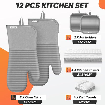 Oven Mitts Kitchen Towels and Dishcloths with Pot Holders Sets, Oven Gloves Hot Pads 500°F Heat Resistant with Silicone Grip, Include 2 Cooking Gloves/2 Potholders/4 Kitchen Towels/4 Dish Towels-Gray - Image 2