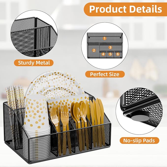 Metal Paper Plate Holder Dispenser, Disposable Paper Plate Utensils Holder for Party, Napkin Cups-Silverware Cutlery Holders Caddy for Kitchen Counter, Black