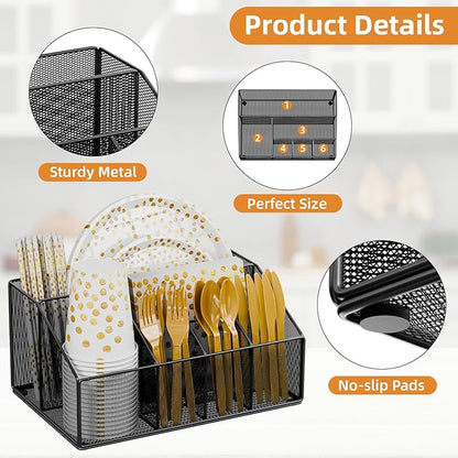 Metal Paper Plate Holder Dispenser, Disposable Paper Plate Utensils Holder for Party, Napkin Cups-Silverware Cutlery Holders Caddy for Kitchen Counter, Black