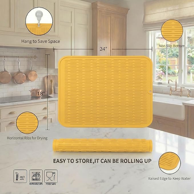 MicoYang Silicone Dish Drying Mat for Multiple Usage,Easy clean,Eco-friendly,Heat-resistant Silicone Mat for Kitchen Counter or Sink,Refrigerator or Drawer Liner Yellow 2XL 24 inches x 18 inches - Image 2