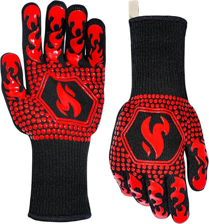 QUWIN BBQ Gloves, Oven Gloves 1472℉ Extreme Heat Resistant, Grilling Gloves Silicone Non-Slip Oven Mitts, Kitchen Gloves for BBQ, Grilling, Cooking, Baking-1 Pair… (One Size(Long Cuff), Red) by QUWIN