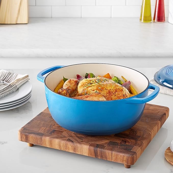 Amazon Basics Enameled Cast Iron Dutch Oven Pot with Lid, Round, Dual Handles, Heavy-Duty, Oven Safe for Baking, Roasting, Stews, 6-Quart, Blue - Image 7
