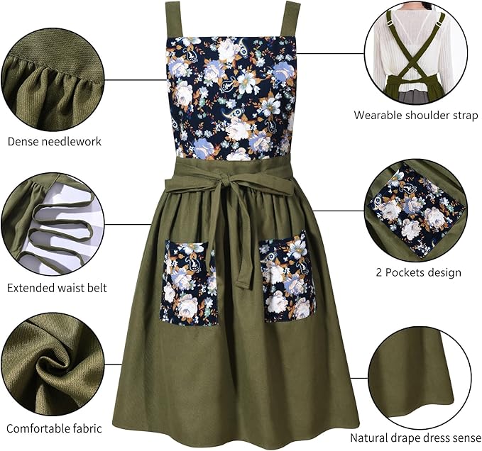 Pinknoke Vintage Pinafore Apron Dress for Women with Pockets Cute Floral Chef Aprons for Kitchen Cooking Baking Gardening - Image 5