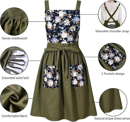 Pinknoke Vintage Pinafore Apron Dress for Women with Pockets Cute Floral Chef Aprons for Kitchen Cooking Baking Gardening - Image 5