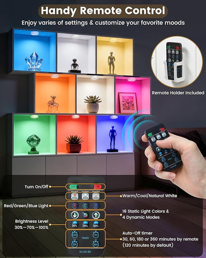 Cabinet Lights, Battery Operated LED Puck Lights with Remote Control & Timer, Warm White & RGB Multi Color Stick on Tap Push Light for Kitchen, Under Counter, Shelf, Display Case, 6 Pack, White