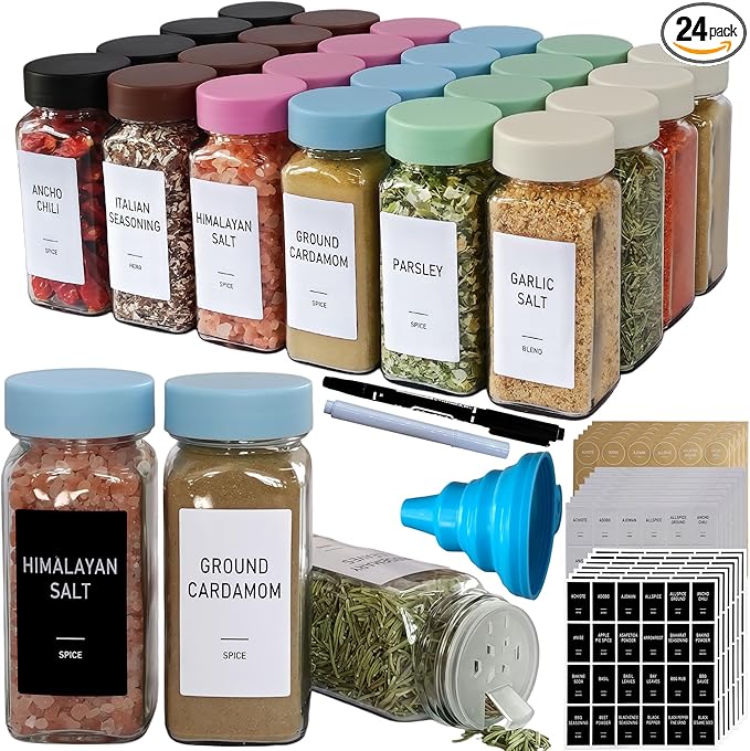 Spice Jars with Labels - 24 Glass Spice with Shaker Lids & Airtight Plastic Caps - 4oz Complete Seasoning Containers Organizer Set for Cabinet, Drawer & Rack (Skyblue) by Unknown