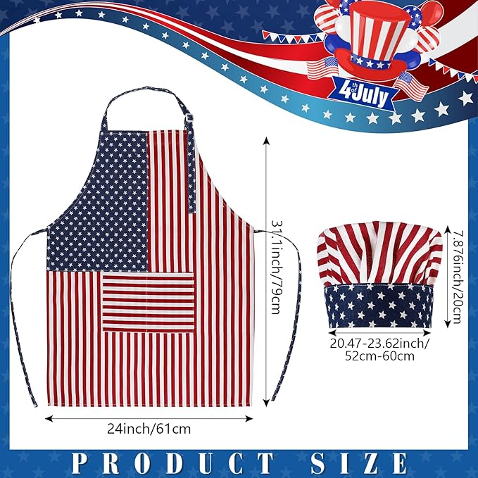 SATINIOR USA 4th of July Flag Kitchen Chef Hat Adjustable Apron 250th Independence Day Apron Patriotic Aprons for Men Women
